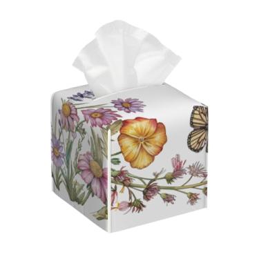 Imagem de Porta-lenços de papel quadrado de couro, impermeável, elegante, floral, borboleta, organizador de papel facial com cinto inferior, estojo de lenços para mesa, banheiro, escritório, mesa, carro