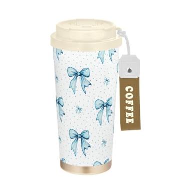 Imagem de SEHANY Caneca de viagem com laço azul fofo de 482 g Copos de café reutilizáveis revestidos de cerâmica com tampa à prova de vazamento, parede dupla, isolamento a vácuo, copo de café de aço inoxidável