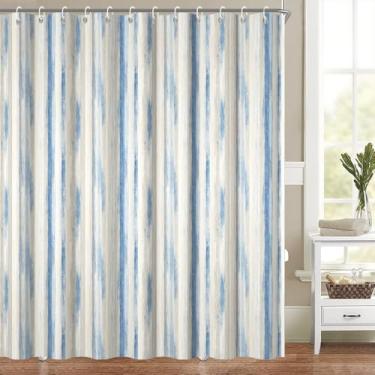 Imagem de Cortina de chuveiro listrada para banheiro azul e bege listrado tecido moderno abstrato minimalista conjunto de decoração de banheiro lavável na máquina tecido de poliéster impermeável com ganchos 152