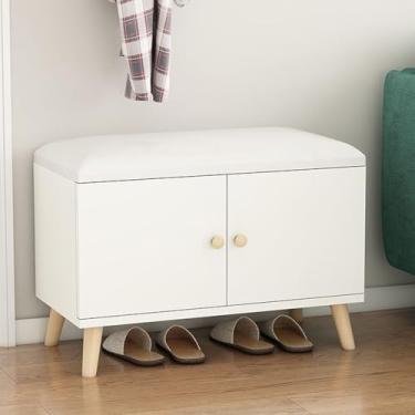 Imagem de Yadlan Banco de armazenamento de 2 camadas, banco de sapatos com almofada de assento acolchoada, banco de entrada de madeira maciça com 2 portas para entrada, sala de estar, quarto A 70 cm