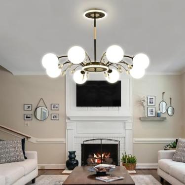 Imagem de Lustre moderno estilo Sputnik com 6 lâmpadas em formato de globo, acabamento em metal escovado e cúpula de vidro branco, ideal para sala de jantar, cozinha, ilha ou quarto. (B)