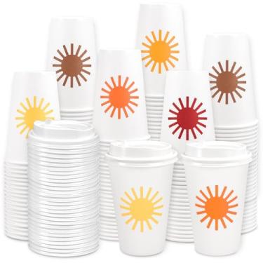 Imagem de Whaline 100 peças de copos de café descartáveis Boho Sun com tampas 340 g Sunshine Copo de papel para casamento, chá de bebê, artigos de festa de aniversário