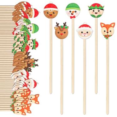 Imagem de FYSUIMU 120 peças de mexedores de madeira de Natal, palitos para coquetéis engraçados, personagens de desenhos animados, café, bebida, agitadores de madeira, descartáveis para festas de inverno em