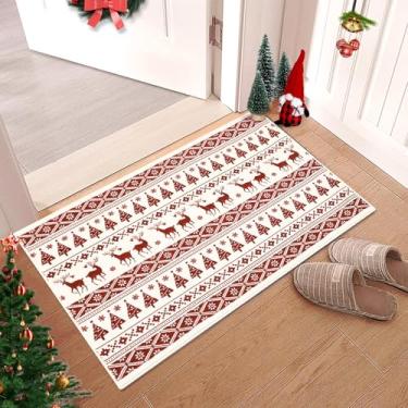 Imagem de GarveeHome Tapete de Natal vermelho e branco 5,5 x 7,5 cm lavável com floco de neve tapete de entrada pequeno tapete antiderrapante com detalhes decorativos de férias capacho de Natal boho para