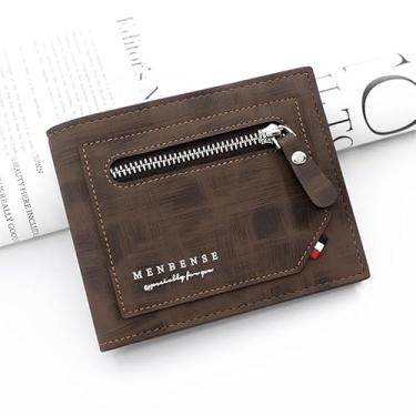 Imagem de Carteira masculina com zíper, carteira dupla de poliuretano macio com 3 bolsos com zíper, grande capacidade para dinheiro, moeda, chave, porta-cartões de visita, Marrom escuro, small, Casual