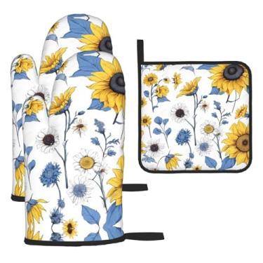 Imagem de Girassóis – Conjunto de cozinha essencial com 3 peças, luvas resistentes ao calor e aderência da tampa, proteção para churrasco no forno, design de armazenamento suspenso.