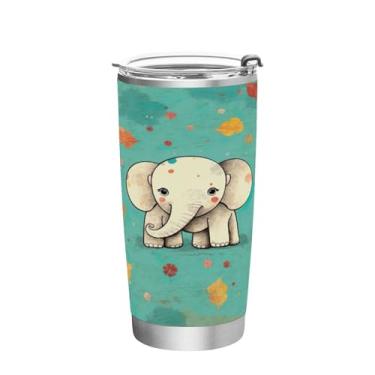 Imagem de Wassud Elefante em fundo turquesa vintage copo de 340 g com tampa e canudo, copo de aço inoxidável de parede dupla a vácuo copo isolado copo de viagem caneca de café para bebidas frias e quentes