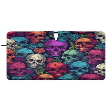 Imagem de CEBUGI Para-brisa de carro dobrável sombra de sol crânios coloridos brilhantes persianas de janela de carro guarda-chuva para-brisa frontal para-sol para acessórios de carro legal bloqueador solar