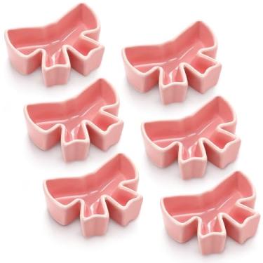 Imagem de FoldTier Pacote com 6 tigelas de cerâmica em forma de laço rosa fofas pequenas tigelas de beliscar para mergulhar molhos e especiarias, anel adorável Coquette porta-bugigangas para joias, aperitivo