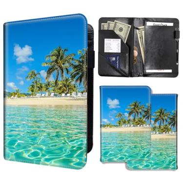 Imagem de Livros de servidor para garçonete, carteira de garçom de couro PU com bolso com zíper, lindo livro de garçonete e organizador de garçonete com bolso para dinheiro, avental de servidor, Palm Tree Beach