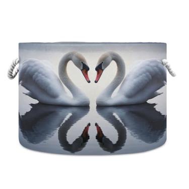 Imagem de Burbuja Cesto de armazenamento redondo de cisnes brancos com alças de corda de algodão, cesto de roupa suja para cobertores, brinquedos, berçário, decoração de sala de estar