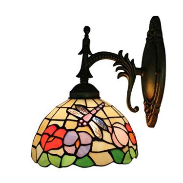 Imagem de Arandelas de parede de 20 cm com libélula em estilo Tiffany, com vitrais florais pastorais europeus, para cabeceira, quarto, sala de estar e corredor, potência máxima de 40 W.