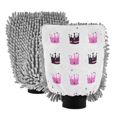 Imagem de STAYTOP Luvas de lavagem de carro com coroa de desenho animado, 2 peças, luvas de microfibra de chenille, sem arranhões, panos de esponja de lavagem ultra absorventes para carros, limpeza doméstica