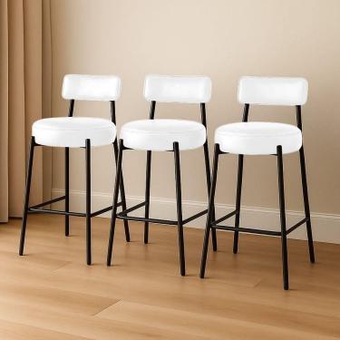 Imagem de Banqueta Cozinha Média Com Encosto Industrial Preto Kit 3 Londres Pu D03 - D`rossi Branco