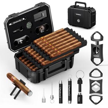 Imagem de Conjunto de caixa de umidificador de charuto de viagem com cortador em V para charutos, suporte para charutos, realçador de gaveta de charutos, umidificador e higrômetro, caixa de charutos (preto)