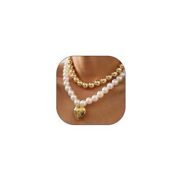 Imagem de Colar com pingente de coração grosso em camadas, colar minimalista banhado a ouro grosso com contas de amor, colar moderno de coração inchado com contas, Large, Liga de aço, Sem Pedra Preciosa