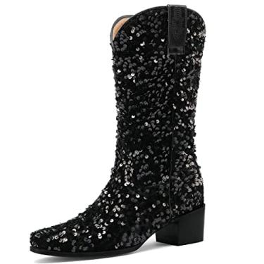 Imagem de KISSASA Botas de caubói brilhantes de lantejoulas até o meio da panturrilha com glitter para casamento e salto grosso, Preto, 35