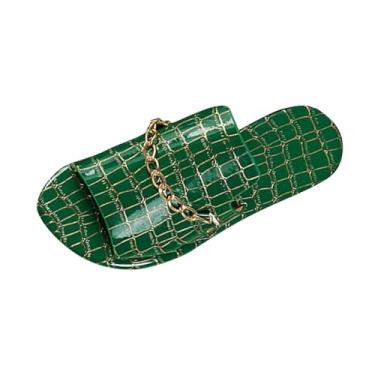 Imagem de Pantufas planas femininas com corrente de metal, bico redondo, bico aberto, casual, primavera, verão, praia, com sola de poliuretano, Verde, 35
