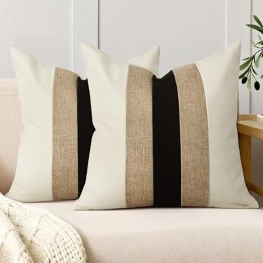 Imagem de QoBexim Conjunto de 2 capas de almofada decorativas de algodão e linho de 45,7 x 45,7 cm, bege e cáqui, decoração de casa de fazenda moderna para sofá, decoração de casa ao ar livre