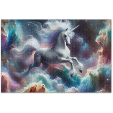 Imagem de Quebra-cabeça de unicórnio nebulosa espaço adultos 500 peças arte colorida animal grande quebra-cabeça elefante branco presentes de festa, 51 x 35 centímetros