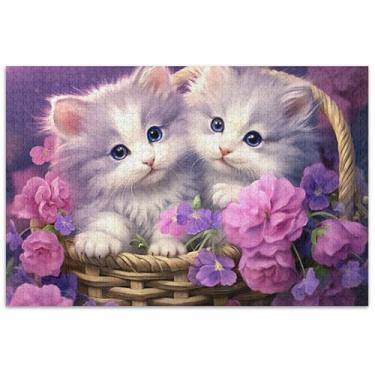 Imagem de Quebra-cabeça floral de gatinhos brancos fofos 500 peças para adultos, brinquedo de arte, quebra-cabeças divertidos para adultos, presentes de festa de elefante branco