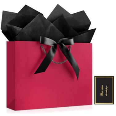 Imagem de JMANNI 1 bolsa de presente grande com fita e 1 cartão de felicitações, 2 papéis de seda, bolsa de presente de papel portátil com alças, sacos de presente de aniversário para festa de casamento, dia