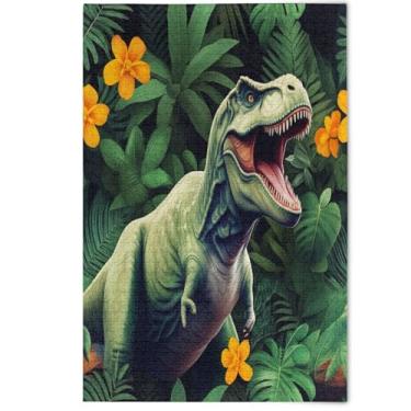 Imagem de Cool Green Dinosaur Orange Floral Jigsaw Puzzle 1000 Pieces for Adults White Elephant Difficult Jigsaw Puzzles Decorative Floral Art Painting, 1000 Pieces, 29.5" x 19.7"