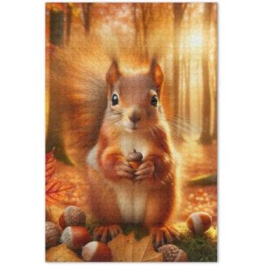 Imagem de Esquilo fofo outono floresta adultos 1000 peças quebra-cabeça engraçado jogo de quebra-cabeça presentes quebra-cabeça cena outono pintura de belas artes, 75 x 40 centímetros
