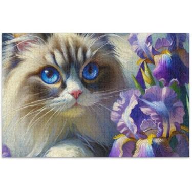 Imagem de Ragdoll Quebra-cabeça de flor de íris de gato, 500 peças para adultos, presentes de festa de elefante branco, presentes masculinos, pintura de brinquedo artístico, 51 x 35 cm
