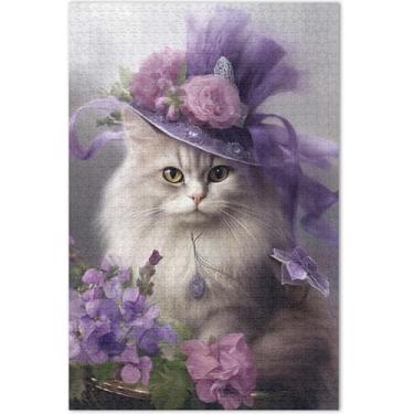 Imagem de Quebra-cabeças elegantes com flores de gato, 1000 peças, brinquedo adulto, arte, quebra-cabeça rígido, divertido e bobo