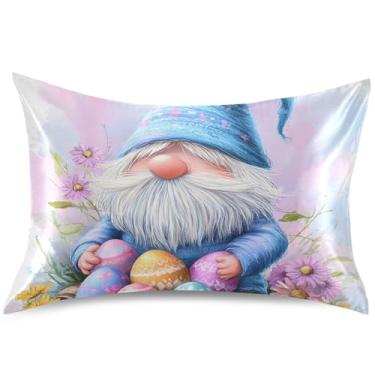 Imagem de Linda capa de almofada de cetim com ovos coloridos de gnomo de páscoa king queen padrão capas de travesseiro fofas refrescantes decoração de casa, tamanho Queen, 76,2 cm x 50,8 cm