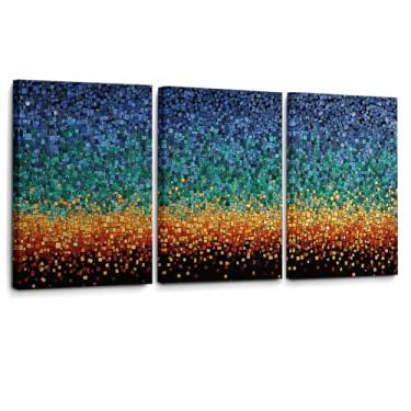 Imagem de Arte de parede de 3 painéis, impressões em tela abstratas pixeladas - Obra de arte geométrica tríptica, peça moderna para decoração estética de quarto - Pintura para sala de estar, parede do quarto