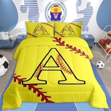 Imagem de jejeloiu Conjunto de edredom solteiro de softball, presente inspirador para amantes de softball, para crianças, meninos e meninas, com letra A, edredom e bola, decoração de quarto esportivo