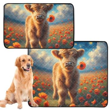 Imagem de TSENQUE Cute Highland Cow Poppy Floral Cats Almofada reutilizável para animais de estimação, tapete lavável à prova d'água, antiderrapante, à prova de vazamento, pequeno pacote com 3