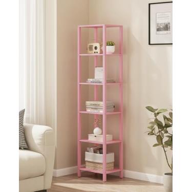 Imagem de TUTOTAK Estante de livros, prateleira alta de 6 camadas, estante estreita para pequenos espaços, estante empilhável DIY, para sala de estar, escritório, escritório, entrada, industrial, rosa BS01BP006
