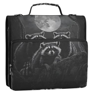 Imagem de Fichários Mystical Raccoons Moon Black de 3 cm com 3 anéis resistentes com zíper, bolsa organizadora com alça para escola, floral, vários bolsos, pasta de portfólio grande