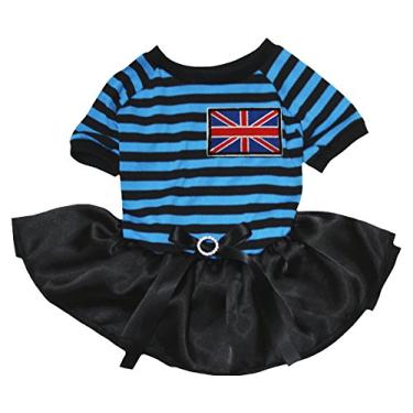 Imagem de Petitebella Roupa de cachorro vestido bandeira britânica azul listras pretas top tutu preto (PP)