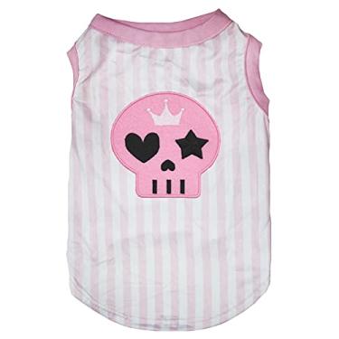 Imagem de Petitebella Camiseta para cachorro com rosto de caveira rosa (listras brancas rosa, 2GG)