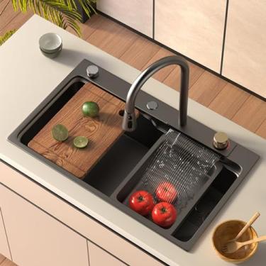 Imagem de Pia de cascata, pia de cozinha de aço inoxidável 304 de tigela única, pia de cozinha de tigela única preta, pia de estação de trabalho, pia moderna, pia embutida de fazenda, com torneira removível (75
