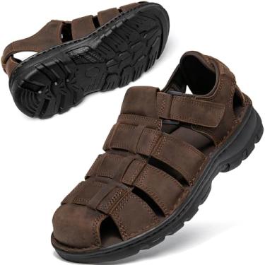 Imagem de KOIMED Sandálias masculinas de couro para caminhada, bico fechado, sapatos aquáticos para o verão, atlético, caminhada, esportes, trilha, pesca, rio, pesca, largo, ajustável, à prova d'água, suporte