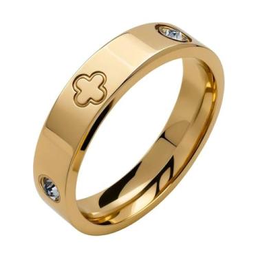 Imagem de Lucky Clover Anel de aço de titânio, aliança de casamento e compromisso de zircônia cúbica banhada a ouro para mulheres, Metal, Zircônia cúbica
