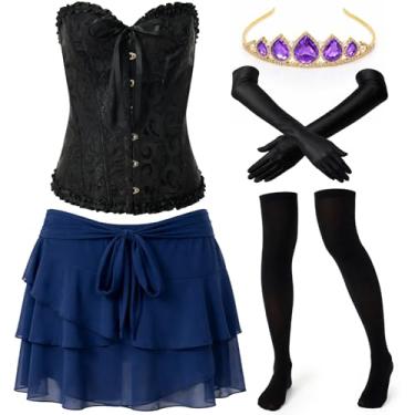 Imagem de Shyyween O conjunto de fantasia de princesa azul adulto inclui espartilho, minissaia, faixa de cabelo, luvas longas de cetim, meias até o joelho, Preto, M
