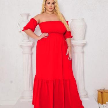 Imagem de Vestido feminino plus size vermelho longo babado ajustável manga princ