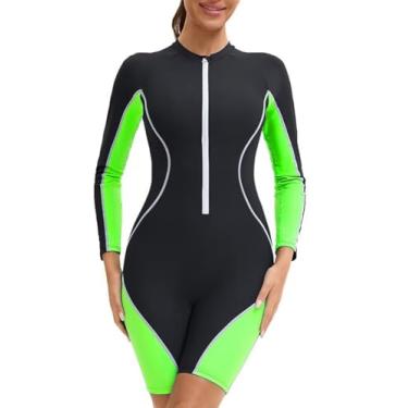 Imagem de HISETPFDE Maiô feminino de manga comprida Rash Guard, parte inferior boyleg UPF 50+, roupa de banho, verde, médio