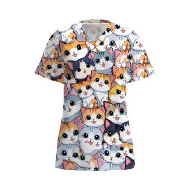 Imagem de Blusa De Enfermagem Feminina Com Estampa De Gato Em Desenho Animado, U
