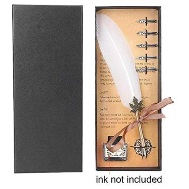 Imagem de Conjunto de canetas de pena vintage elegante ferramenta de escrita caligrafia caneta de pena de tinta com tubo de metal ponta de aço inoxidável para estudantes artistas caixa de (Branca)