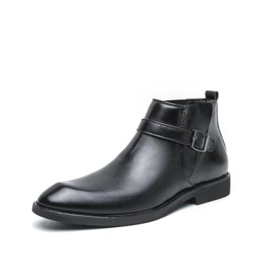 Imagem de Chelsea Botas masculinas casuais confortáveis de cano curto com design de fivela para trabalho de negócios botas de couro PU para homens, Preto, 40