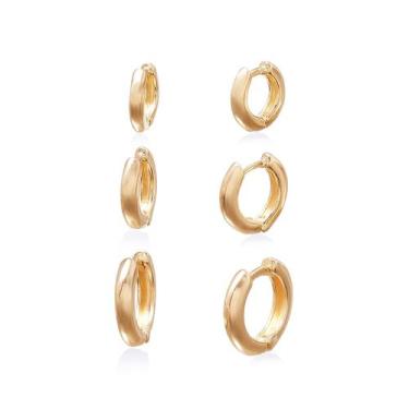 Imagem de Kit Trio Brincos Argolas Click Banhada a Ouro 18K - JA Jóias