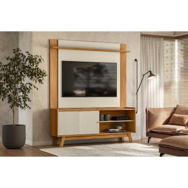 Imagem de Rack Bancada c/ Painel p/ TV até 65 Pol Aurum/Tulum 1 Pta Correr 1 Prat Pés 160x190cm Nature/Off White - Linea Brasil