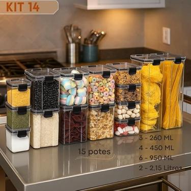 Imagem de Kit Pote Hermético Organizador de Mantimentos e Temperos para Cozinha, Armário e Geladeira Slim Transparente com Tampa Vedada (KIT 14-15 POTES SLIM)